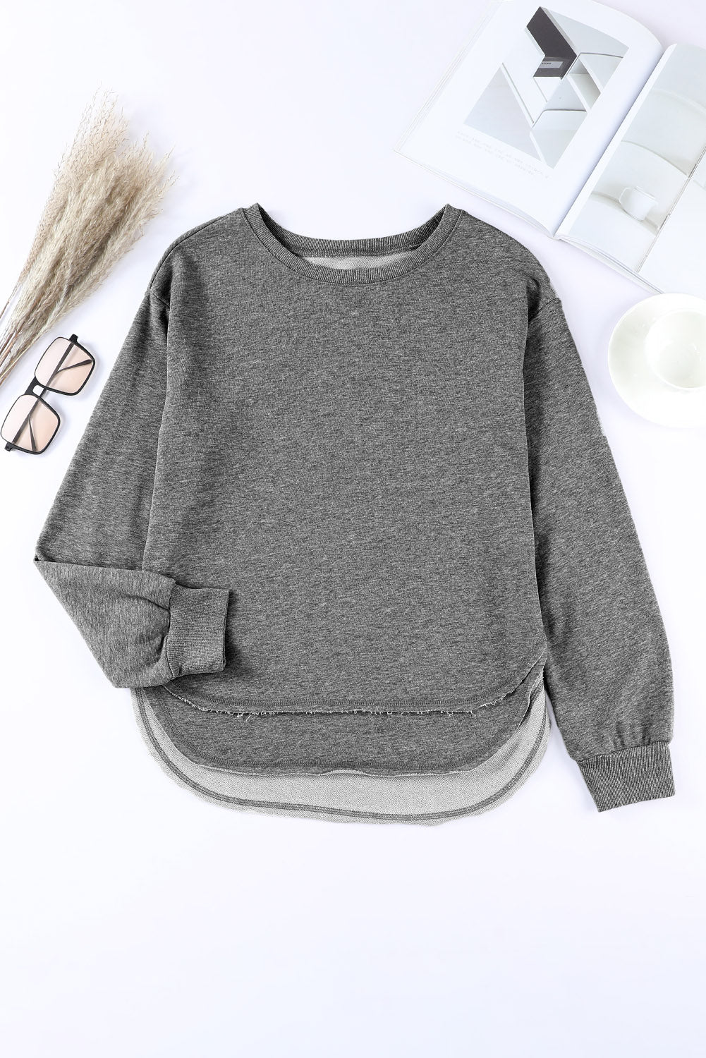 Gray Irregular Side Slit Pullover Sweatshirt