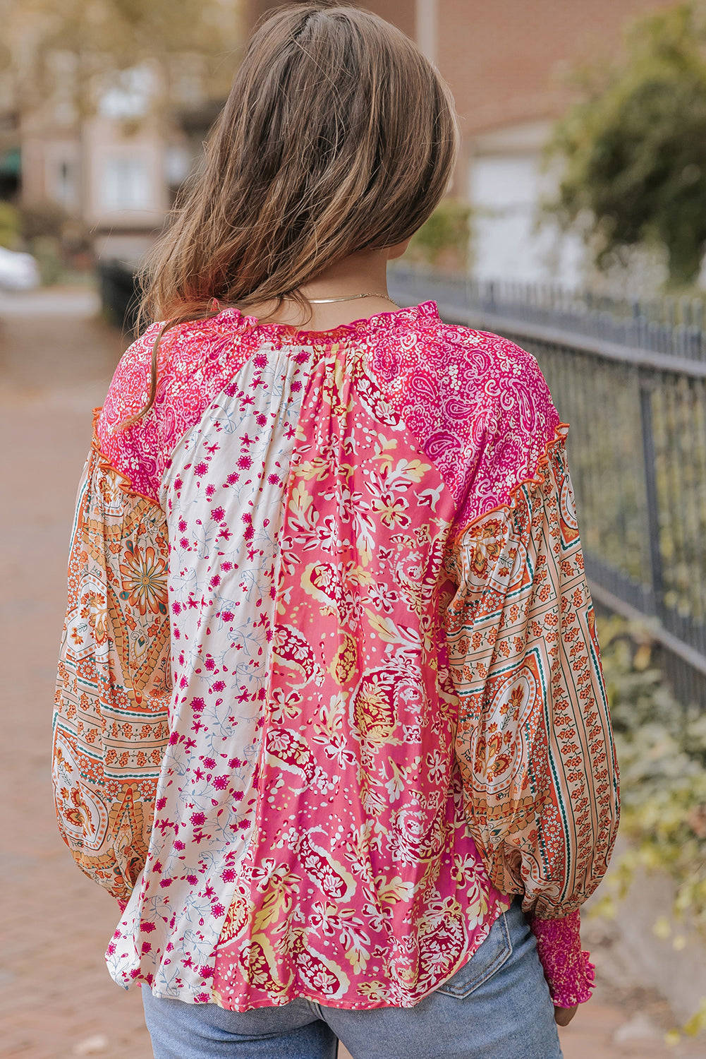 Pink Mixed Floral Printed Puff Sleeve V-Neck Shirt