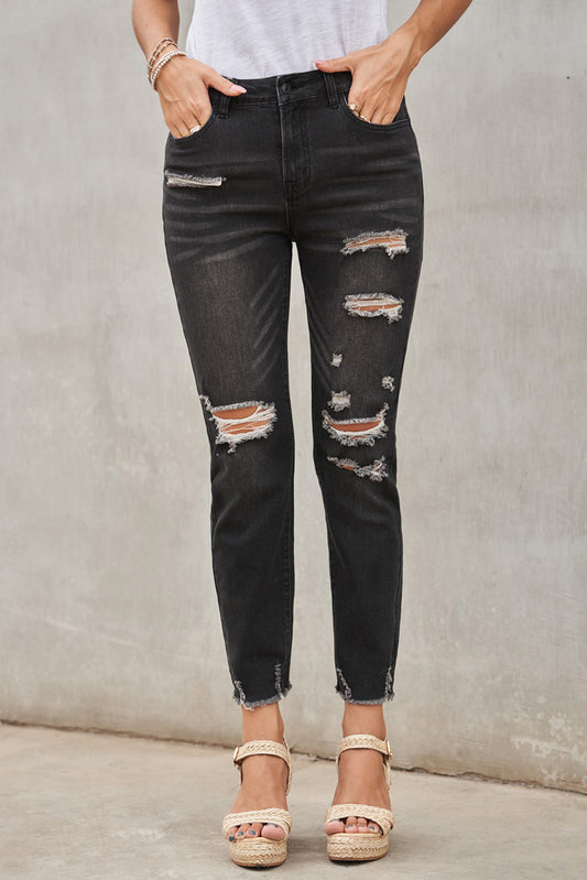 Black Distressed Boyfriend Denim Pants