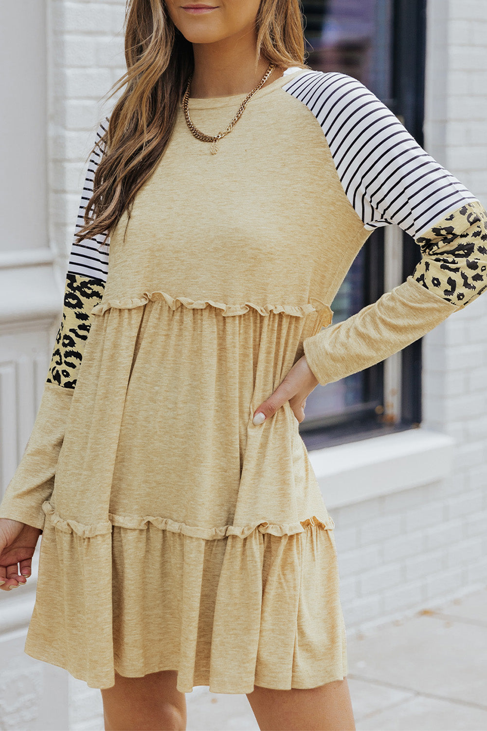 Khaki Striped Leopard Patchwork Long Sleeve Mini Dress