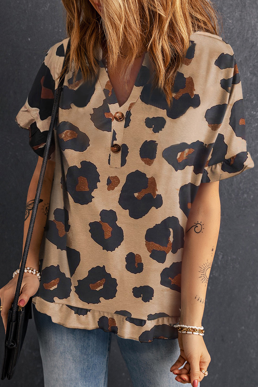 Khaki Leopard Print Ruffled Buttoned V Neck Top