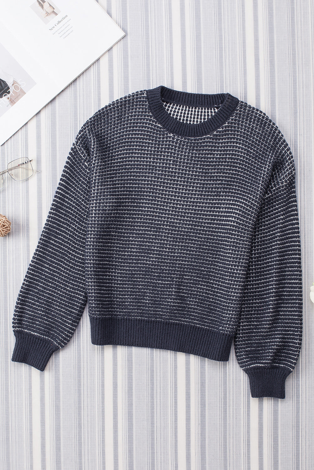 Black Heathered Knit Drop Shoulder Puff Sleeve Sweater