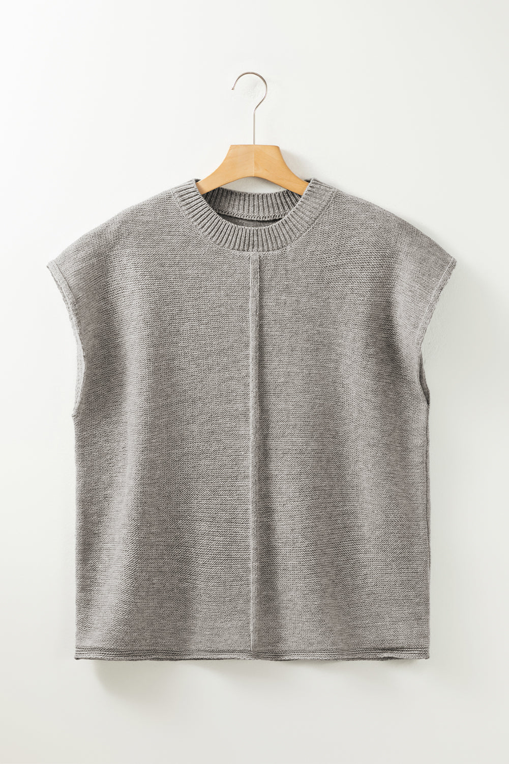 Gray Crew Neck Center Seamed Short Sleeve Sweater