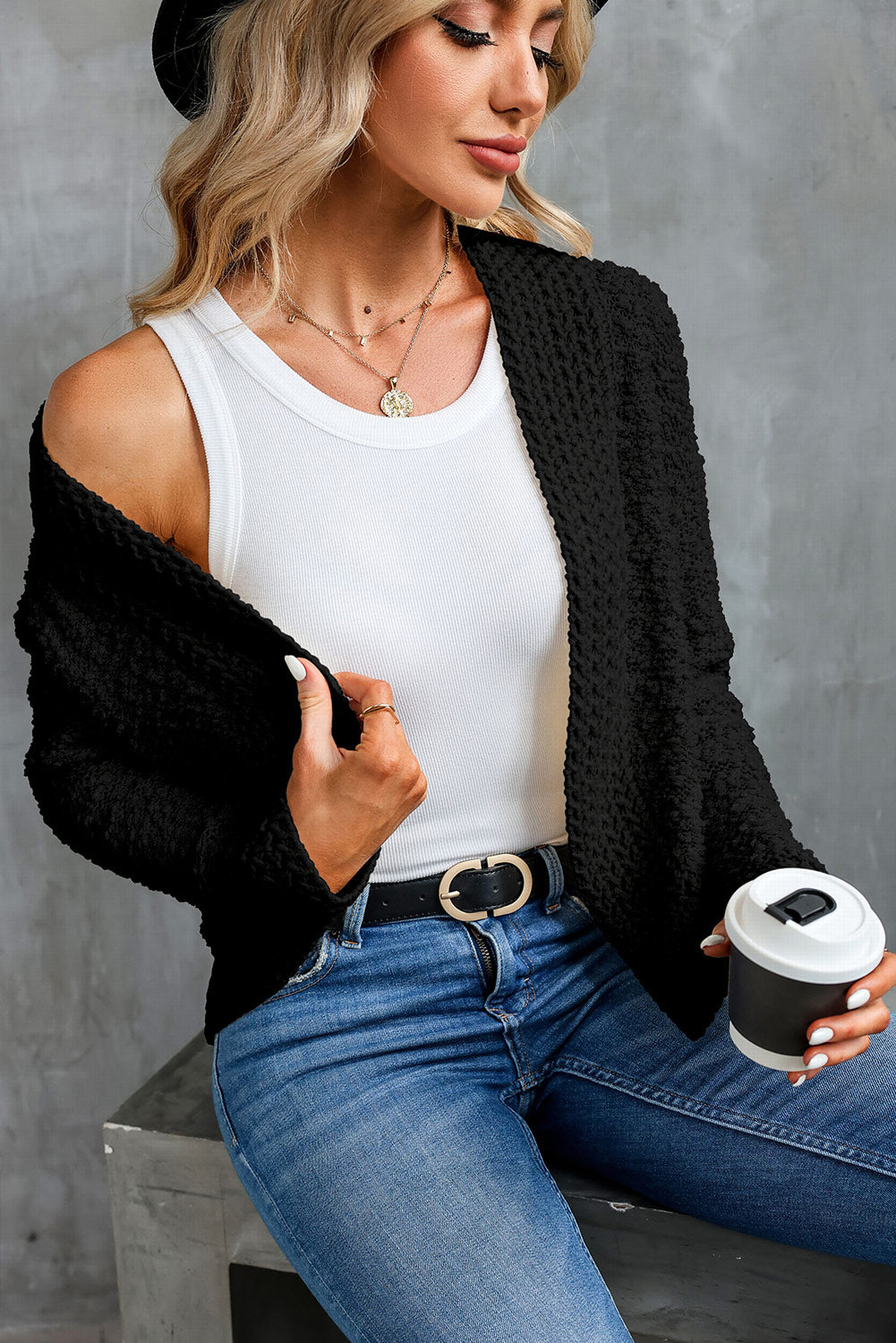 Black Popcorn Knit Open Front Cardigan