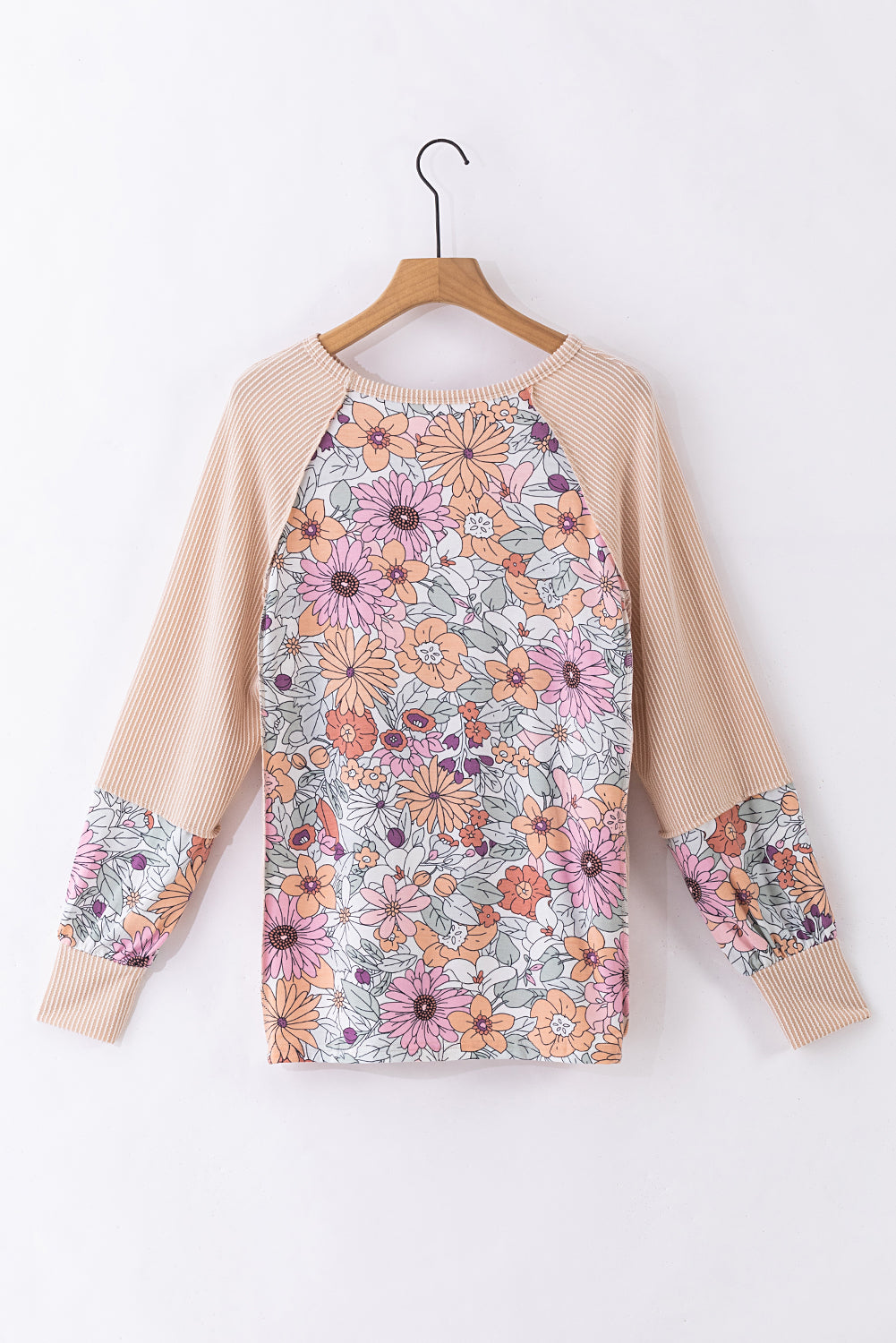 Oatmeal Corded Floral Patchwork Long Sleeve Top