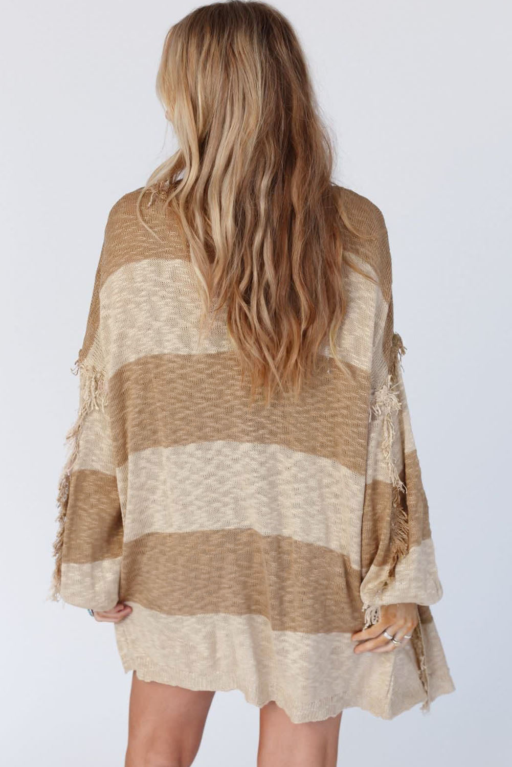 Khaki Stripe Lantern Sleeve Fringed Open Cardigan