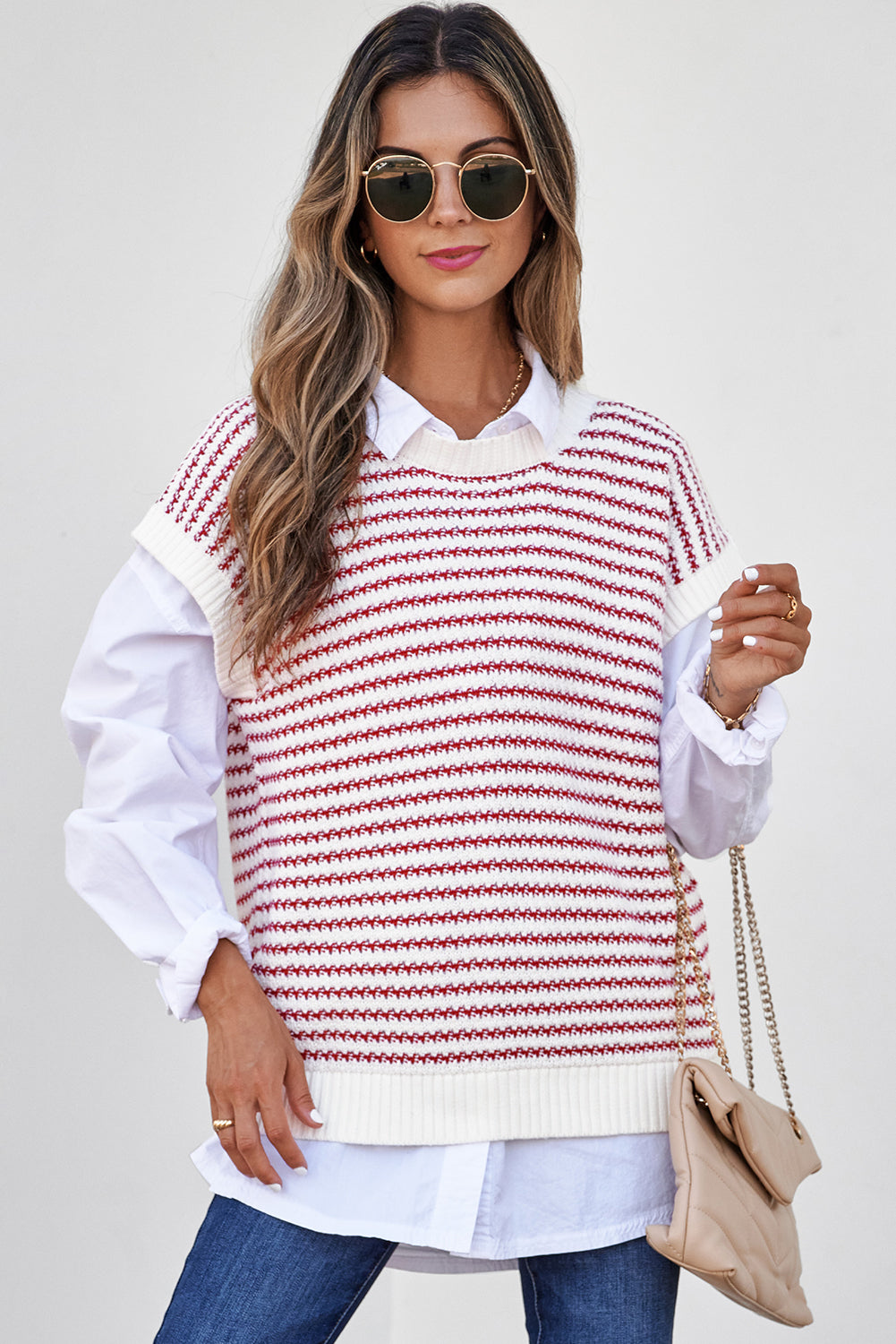 Red Stripe Ribbed Trim Loose Fit Knitted Sweater Vest