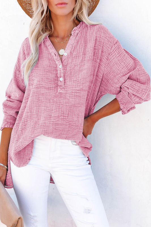 Pink Crinkle Textured Loose Henley Top