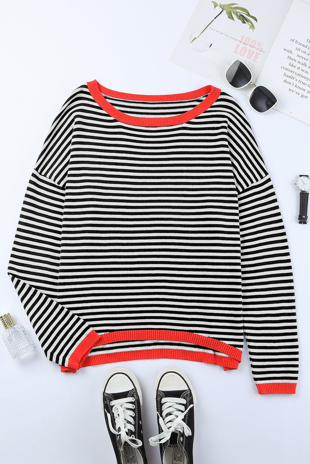 Black Contrast Trimmed Striped Drop Shoulder Sweater