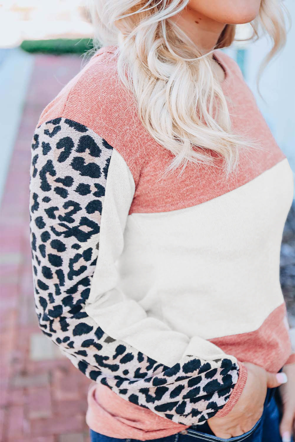 Red Leopard Color Block Knitted Long Sleeve Top