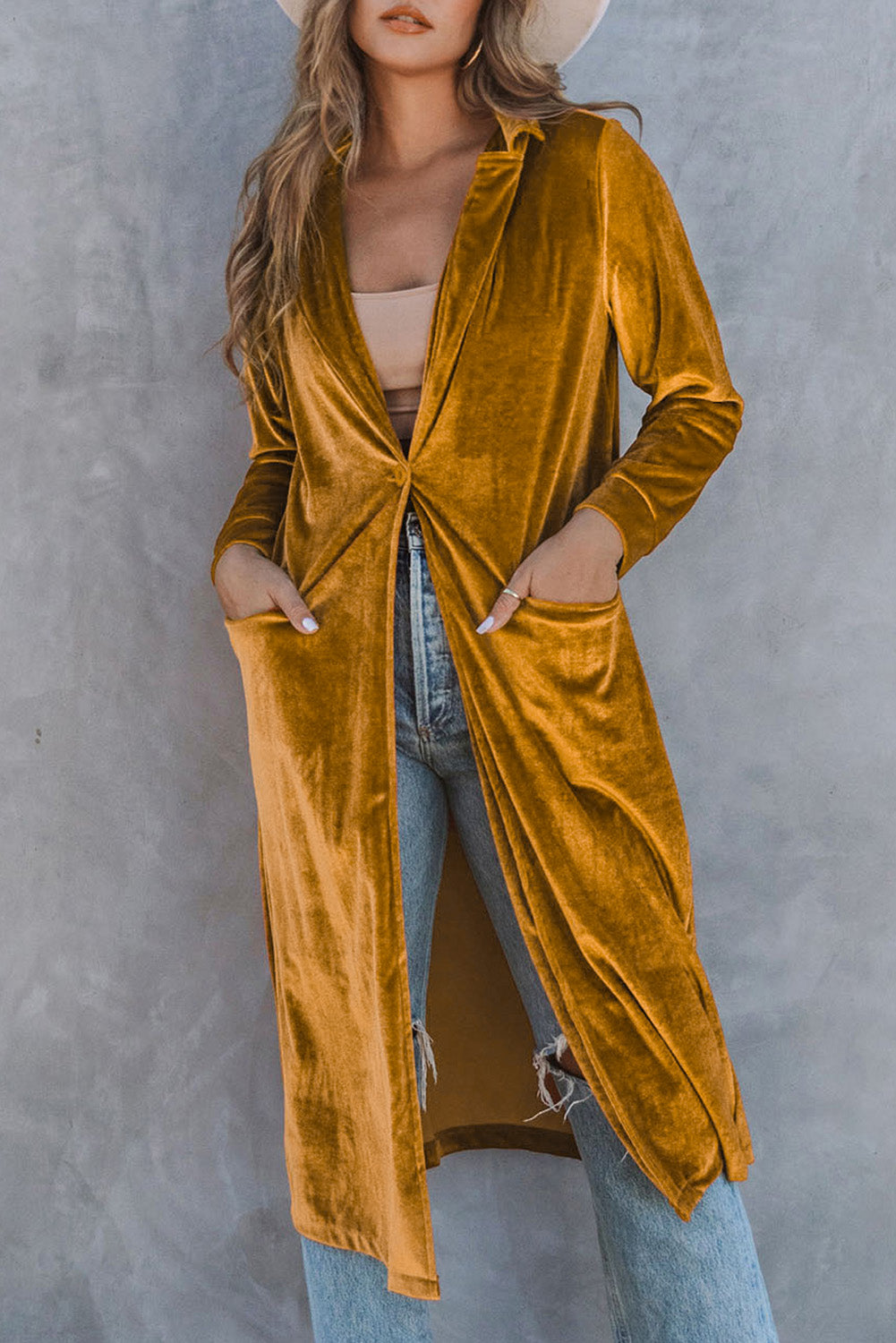 Yellow Retro Velvet Long Sleeve Pocket Coat