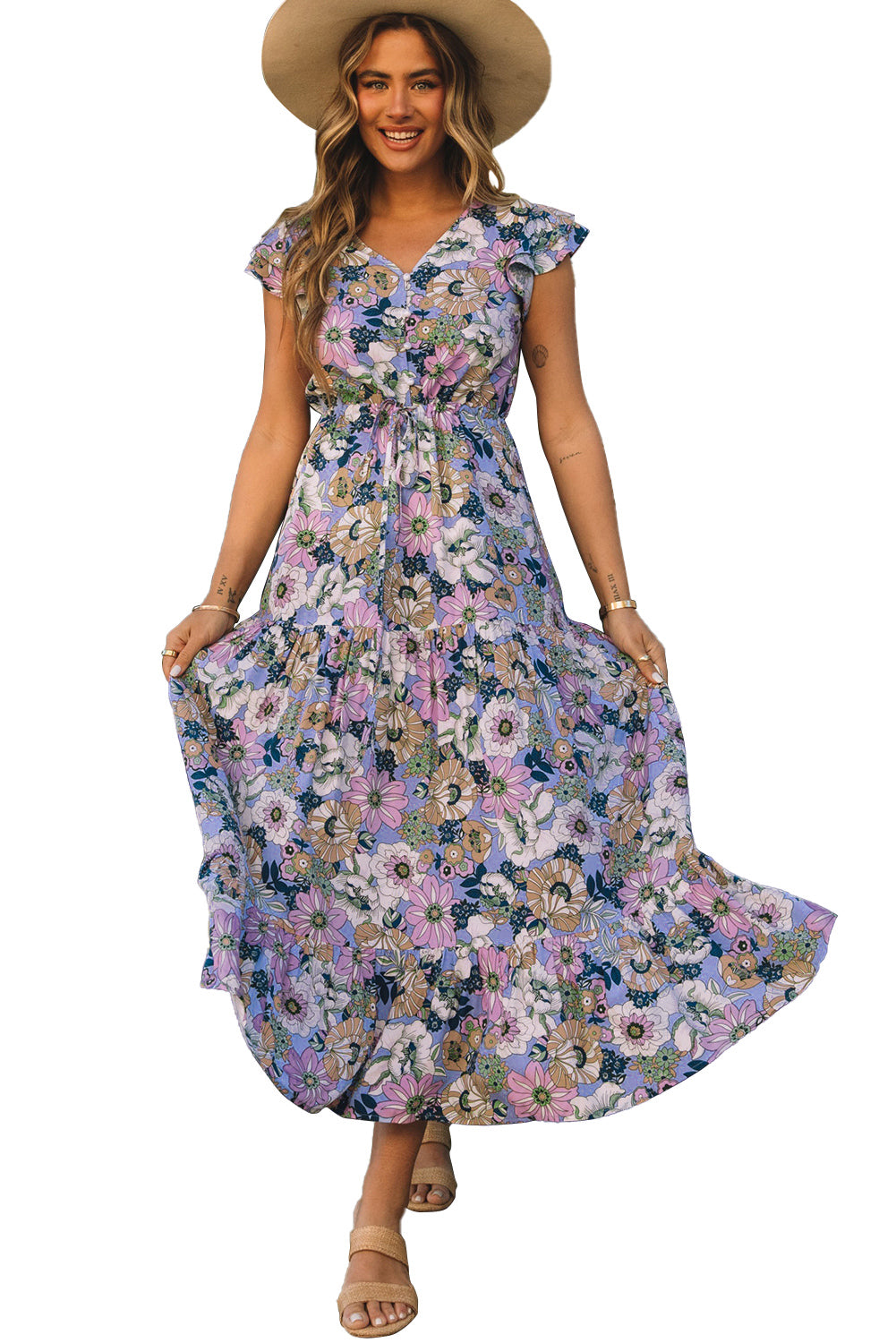 Purple Layered Ruffle Sleeves Long Floral Dress