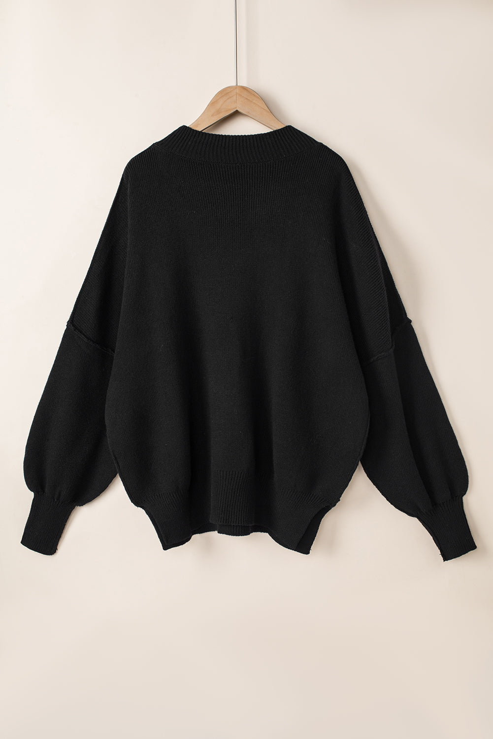 Black Oversized Drop Shoulder Bubble Sleeve Pullover Sweater