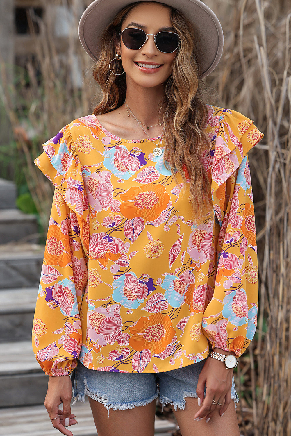 Ginger Floral Print Ruffle Puff Sleeve Blouse