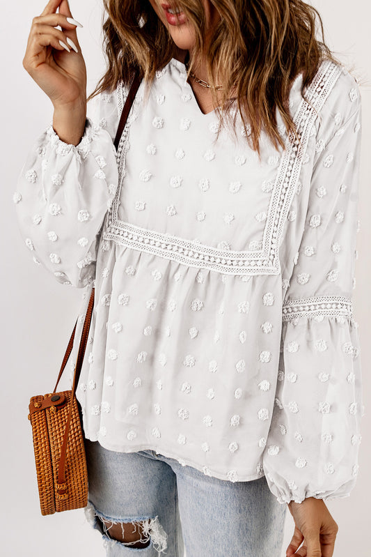 White Swiss Dot Split Neck Ruffle Babydoll Blouse