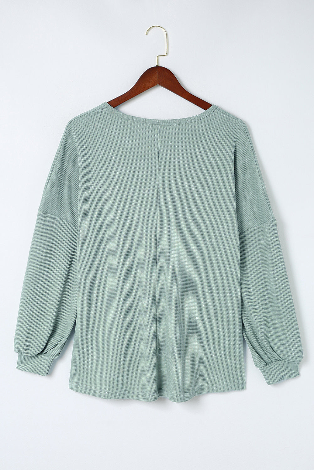 Green Waffle Knit V Neck Long Sleeve Loose Tunic Top