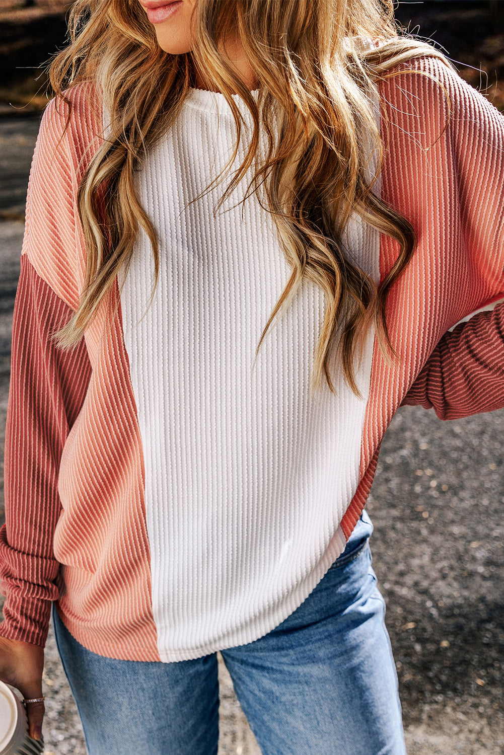 Pale Chestnut Color Block Corded Long Sleeve Top