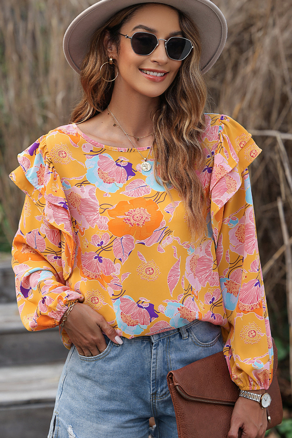 Ginger Floral Print Ruffle Puff Sleeve Blouse