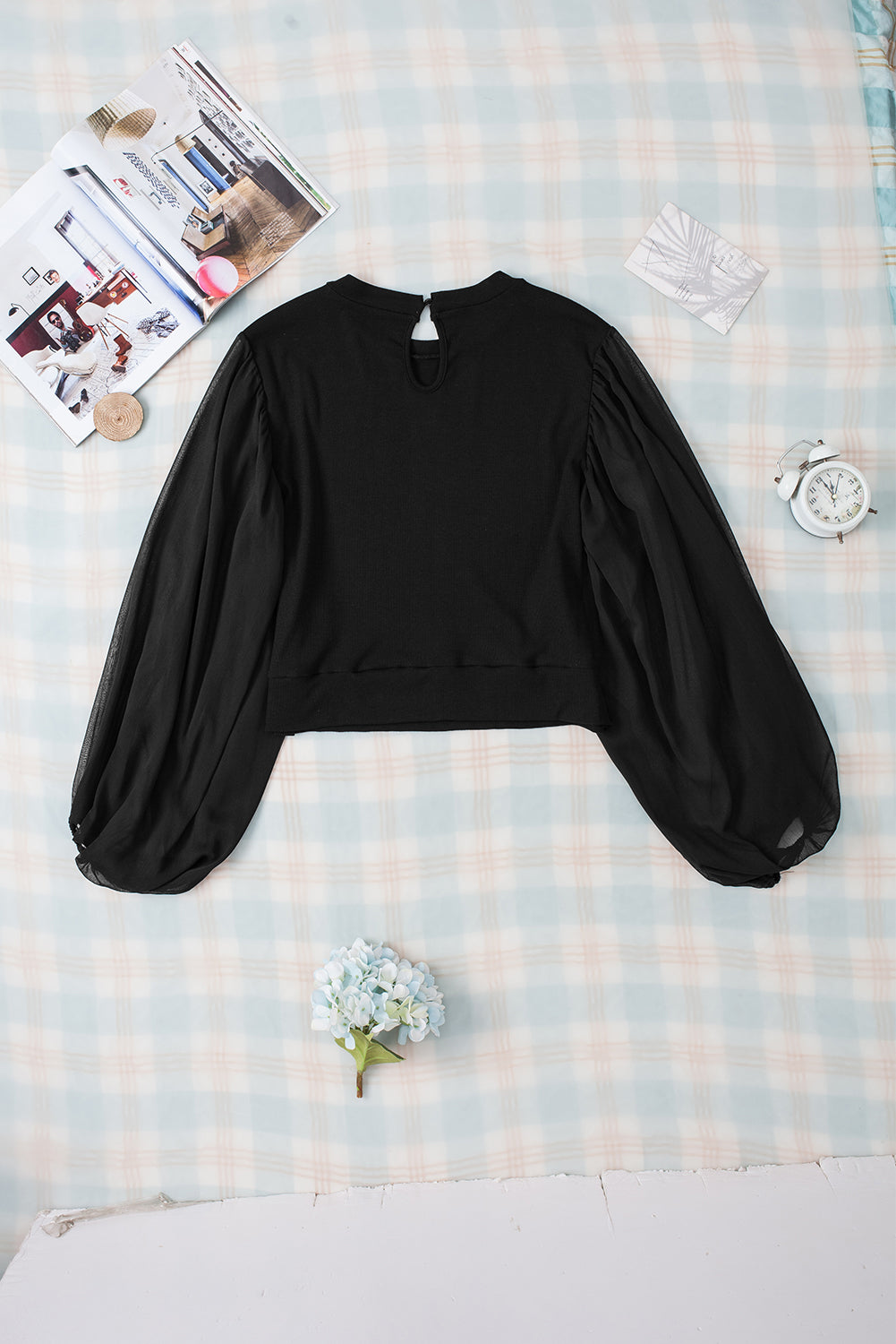 Black Billowy Mesh Puff Sleeve Ribbed Top