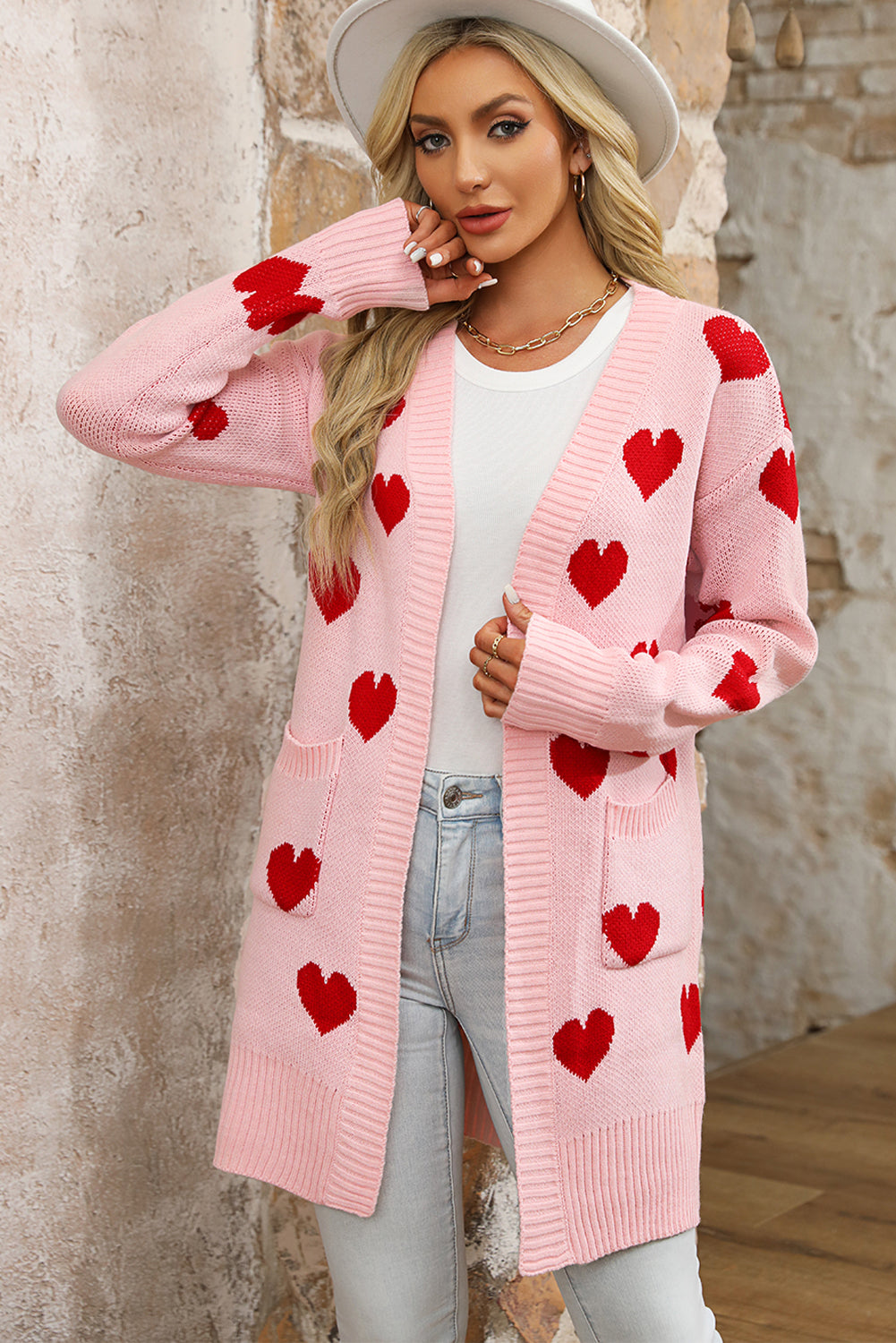 Light Pink Valentine's Day Heart Pattern Ribbed Trim Open Front Cardigan