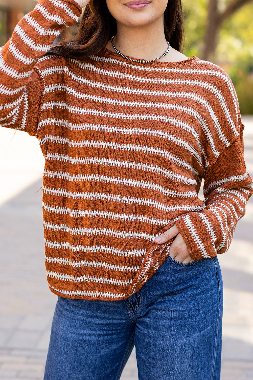 Brown Stripe Drop Shoulder Casual Sweater