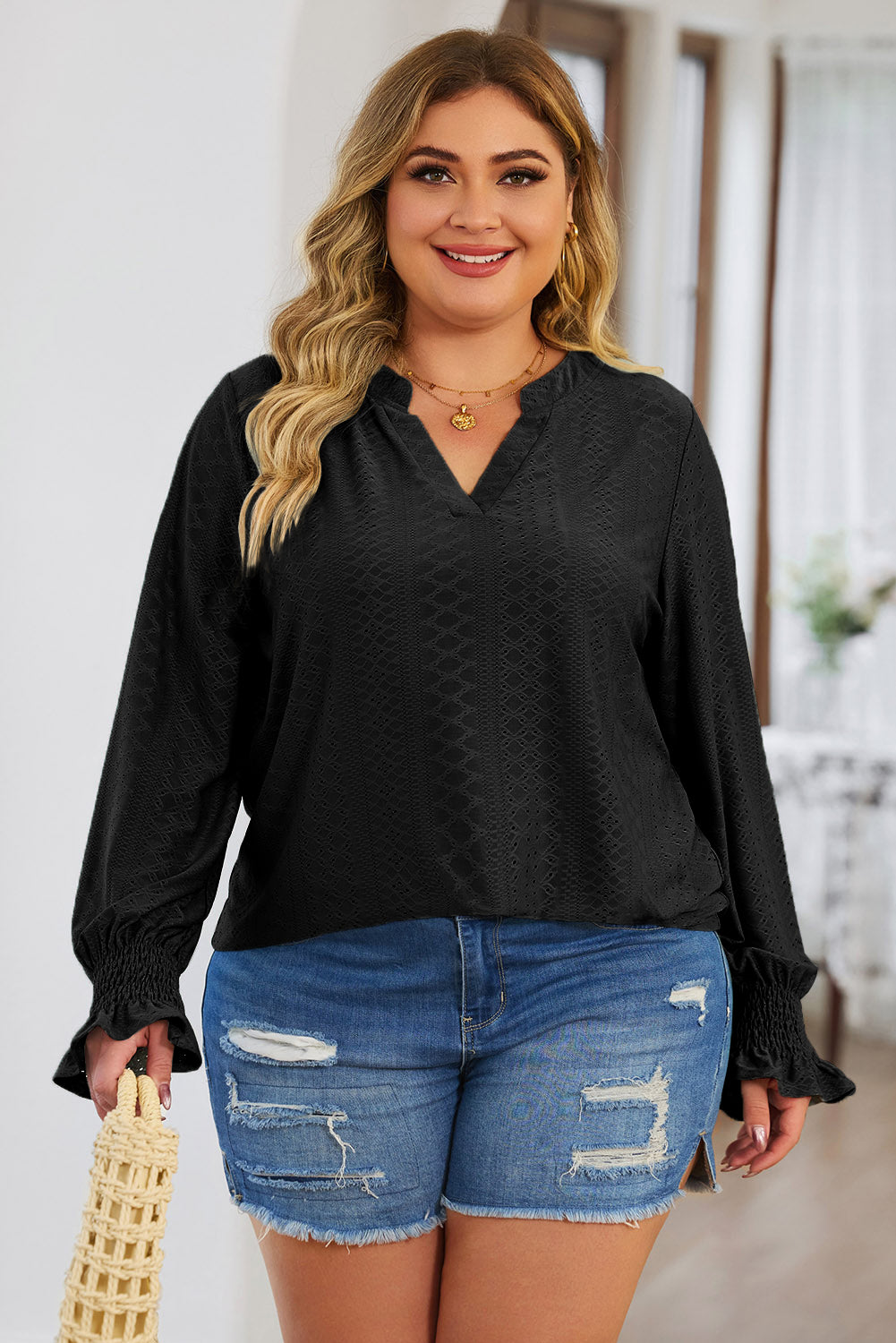 Black Eyelet Jacquard Split Neck Flounce Sleeve Plus Size Blouse