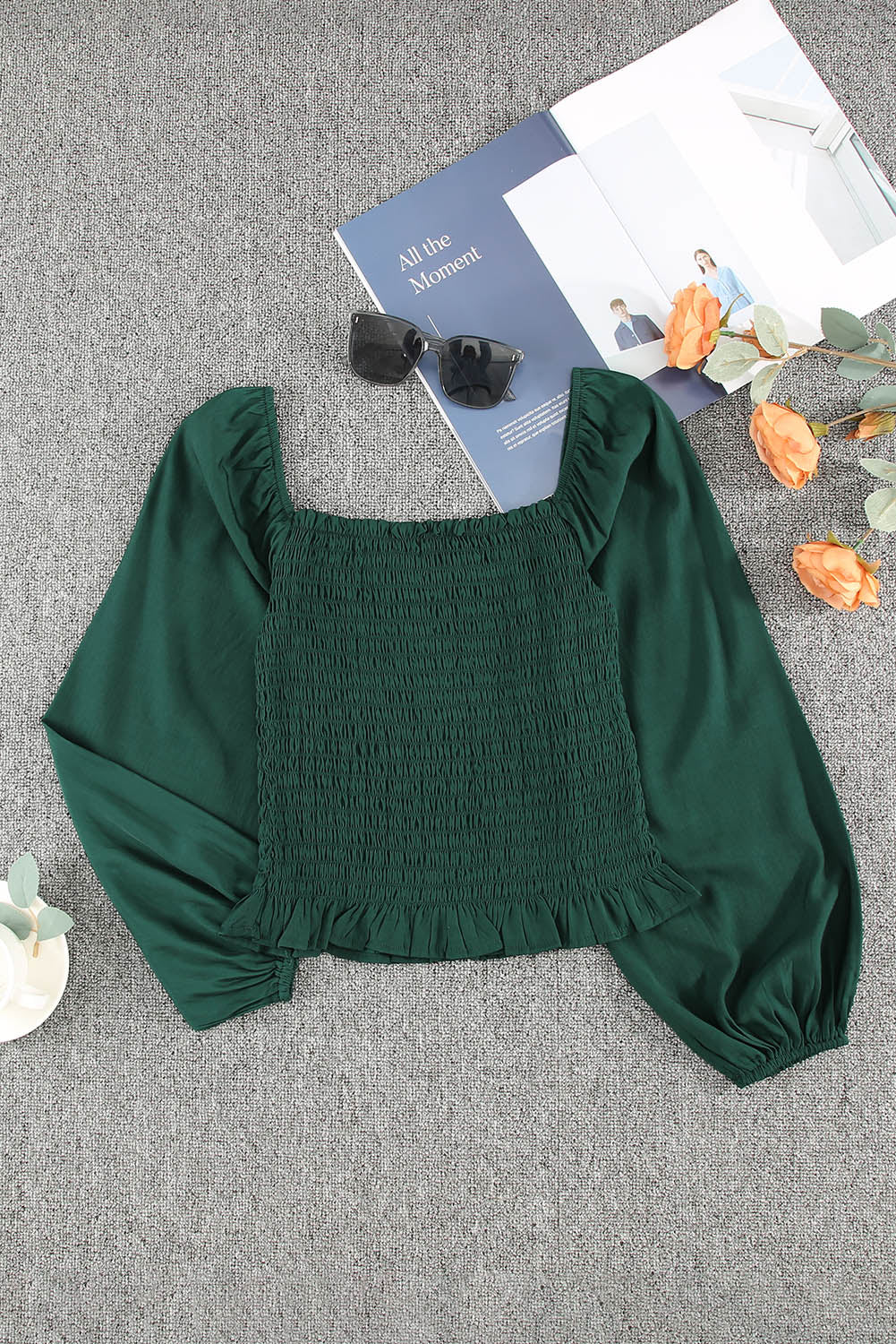 Green Puff Sleeve Smocked Top