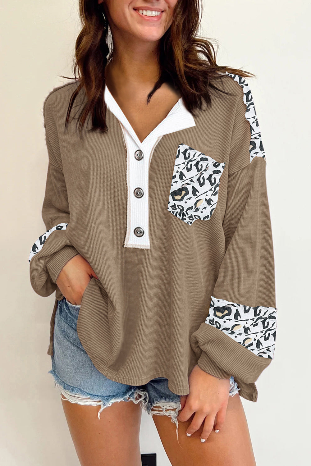 Chestnut Leopard Patchwork Chest Pocket Corded Henley Top