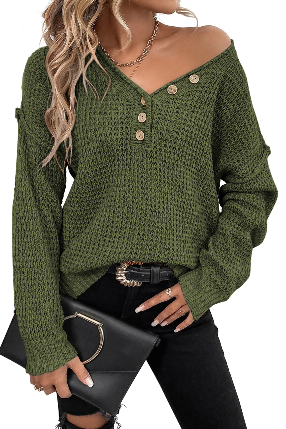 Pickle Green Pointelle Knit Button V Neck Drop Shoulder Sweater