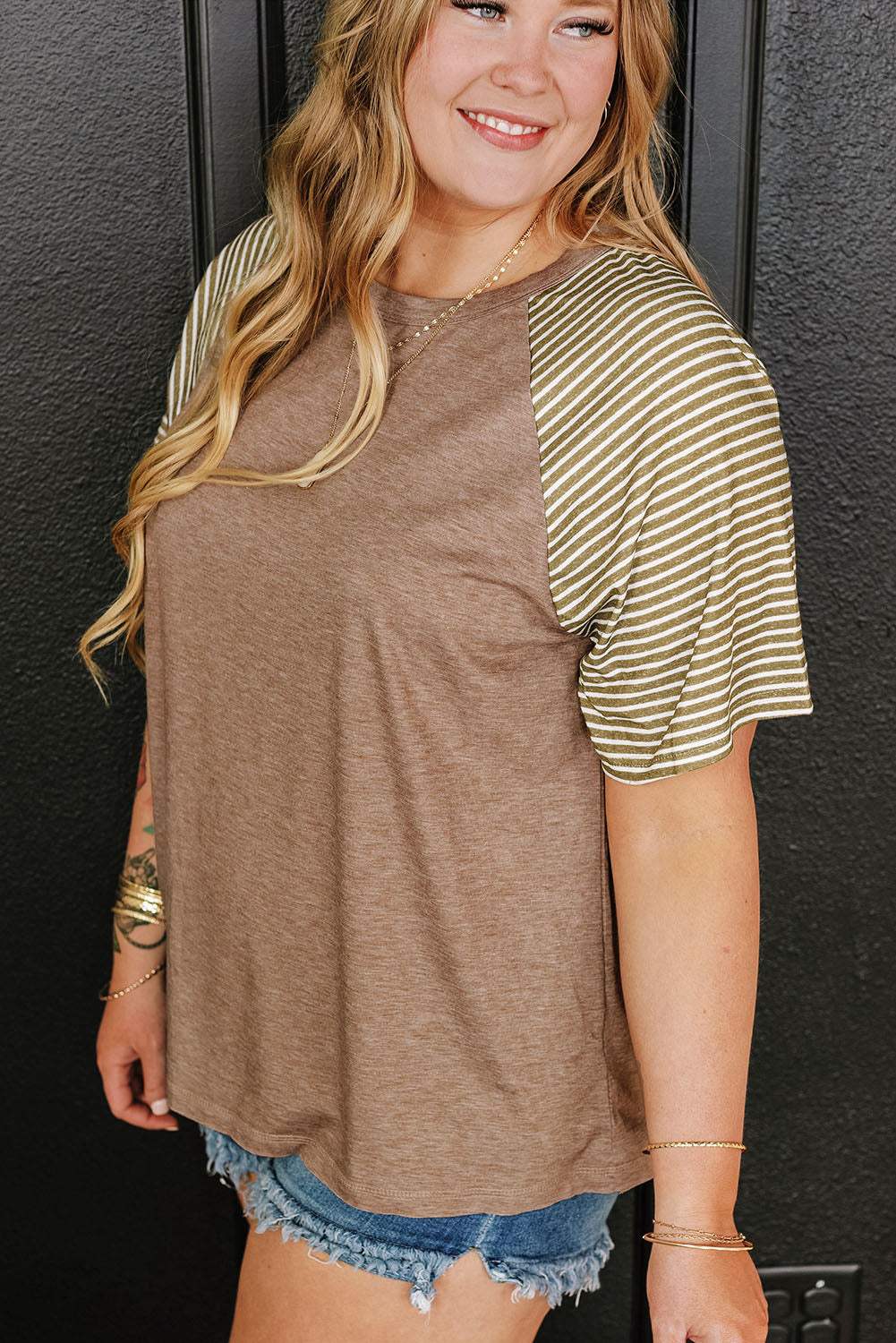 Light French Beige Striped Raglan Sleeve Crewneck Plus Size T Shirt