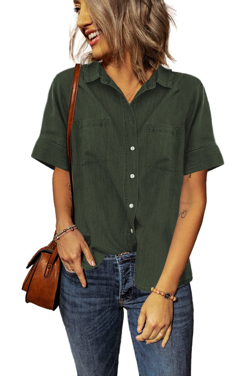 Green Turn-down Collar Short Sleeve Denim Shirt