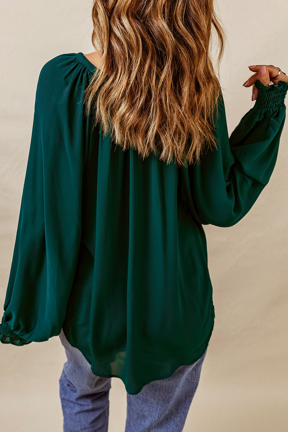 Green Pleated V Neck Puffy Sleeve Blouse