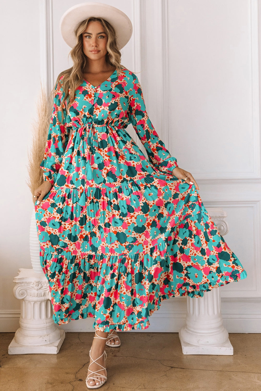 Multicolor Bohemia Print V Neck Ruffle Long Sleeve Maxi Dress