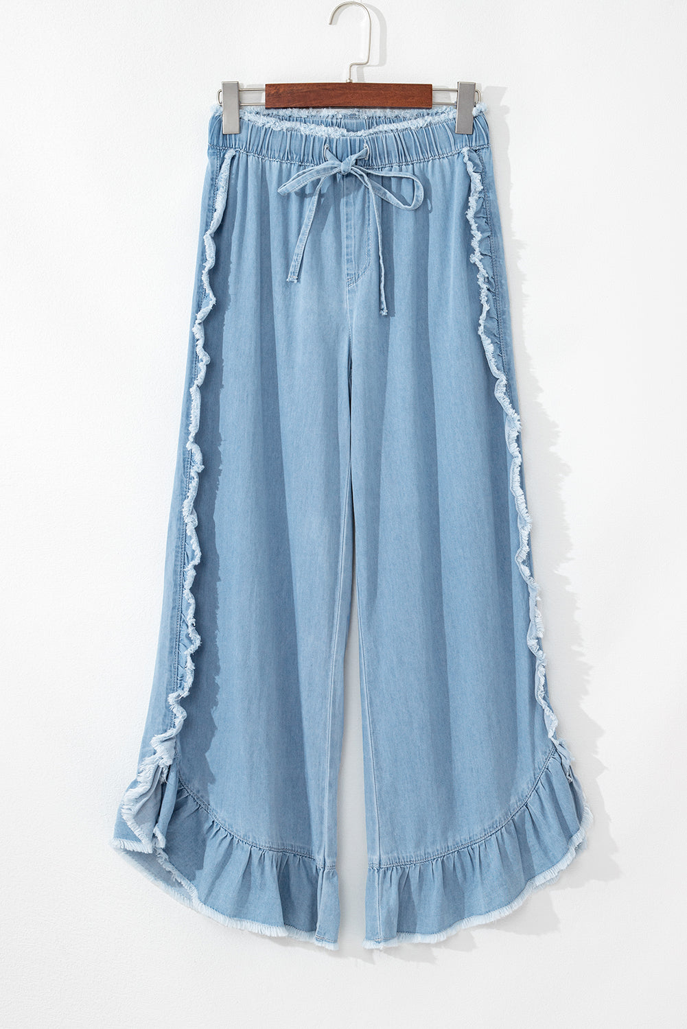 Myosotis Light Wash Raw Hem Ruffled Wide Leg Jeans