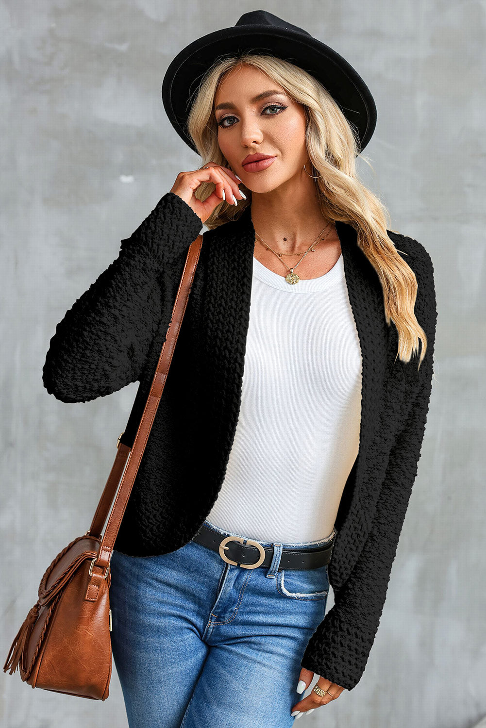 Black Popcorn Knit Open Front Cardigan