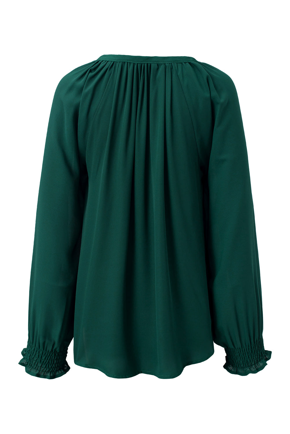 Green Pleated V Neck Puffy Sleeve Blouse