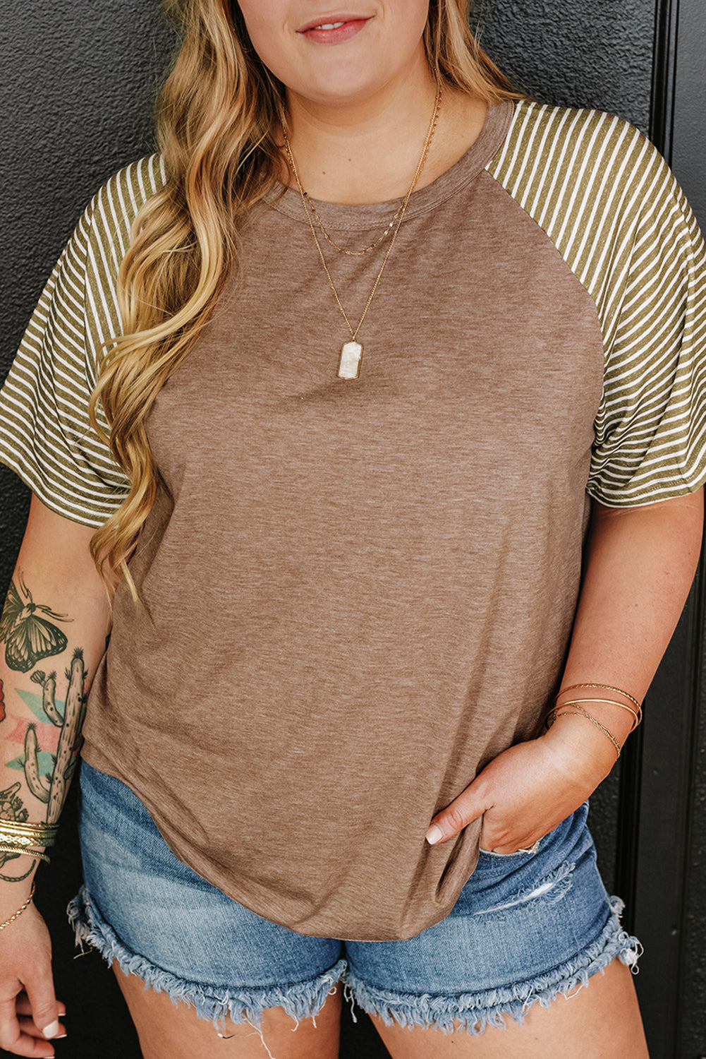 Light French Beige Striped Raglan Sleeve Crewneck Plus Size T Shirt