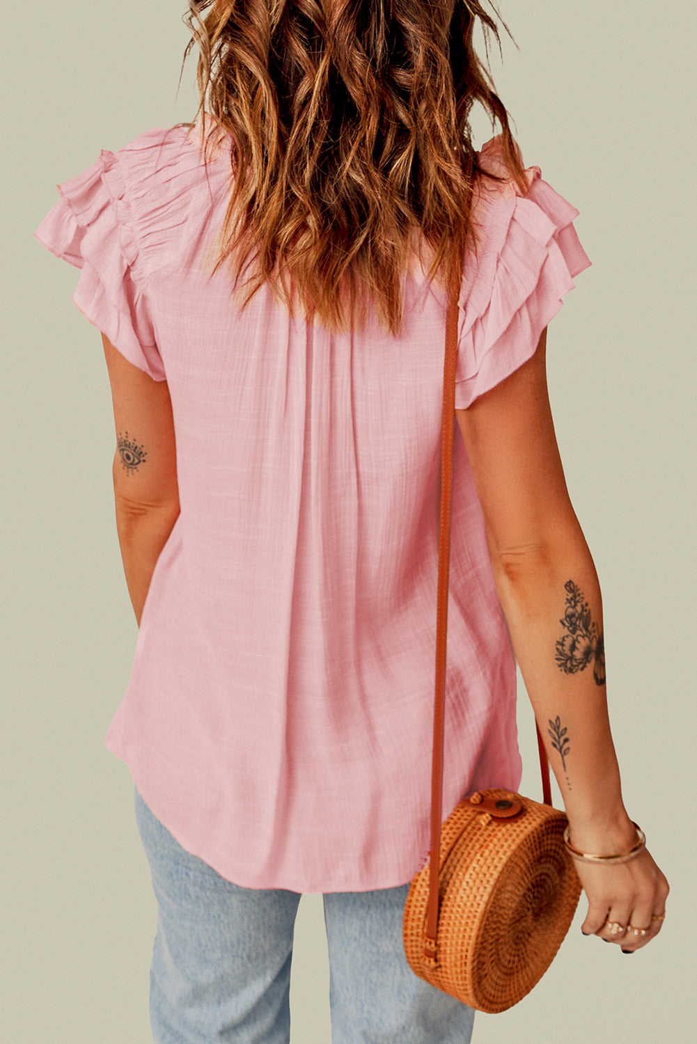 Pink Tiered Ruffled Drawstring V Neck Top