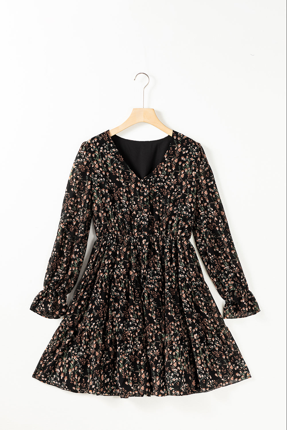 Black Floral Print V Neck Ruffled Puff Sleeve Mini Dress