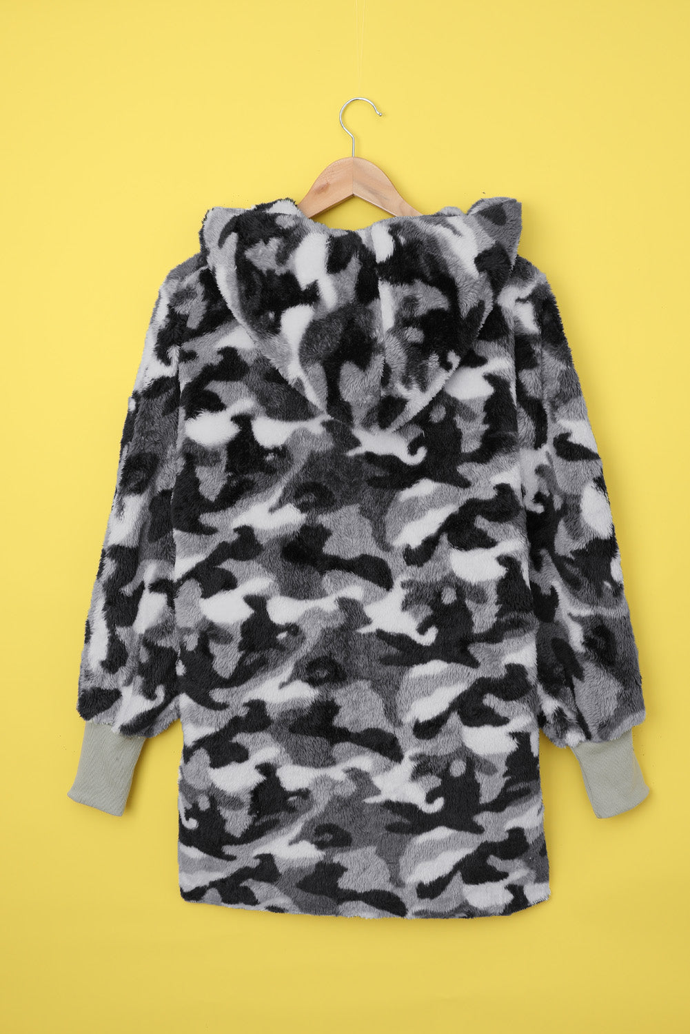 Gray Camo Print Soft Fleece Hooded Open Front Coat