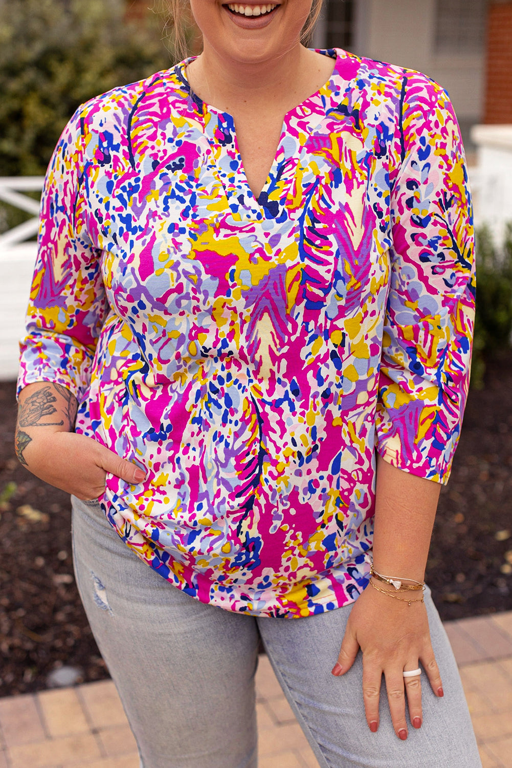 Multicolor Printed 3/4 Sleeve Split Neck Plus Size Tunic Top