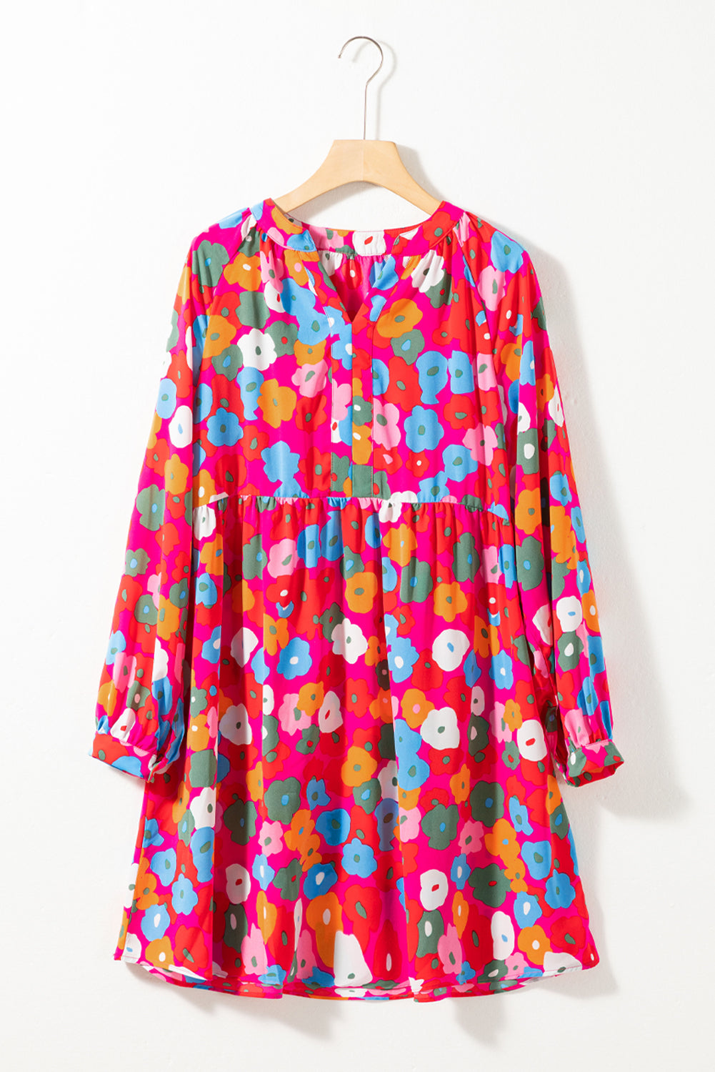 Rose Red Multicolor Floral Split Neck Flowy Dress