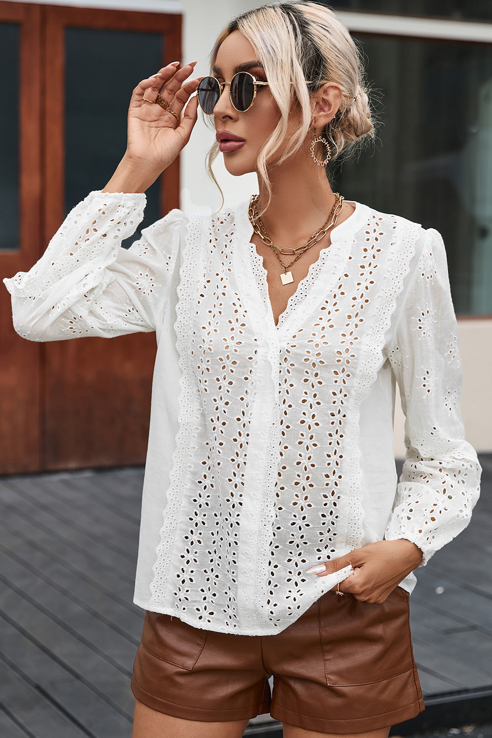 White Eyelet Lace Puff Sleeve Split Neck Blouse