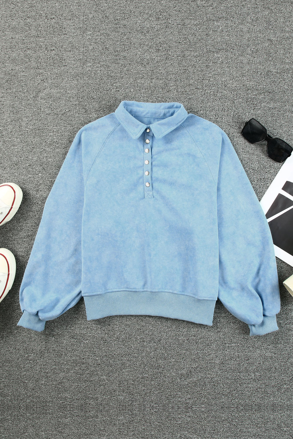 Sky Blue Washed Snap Buttons Lantern Sleeve Pullover Sweatshirt