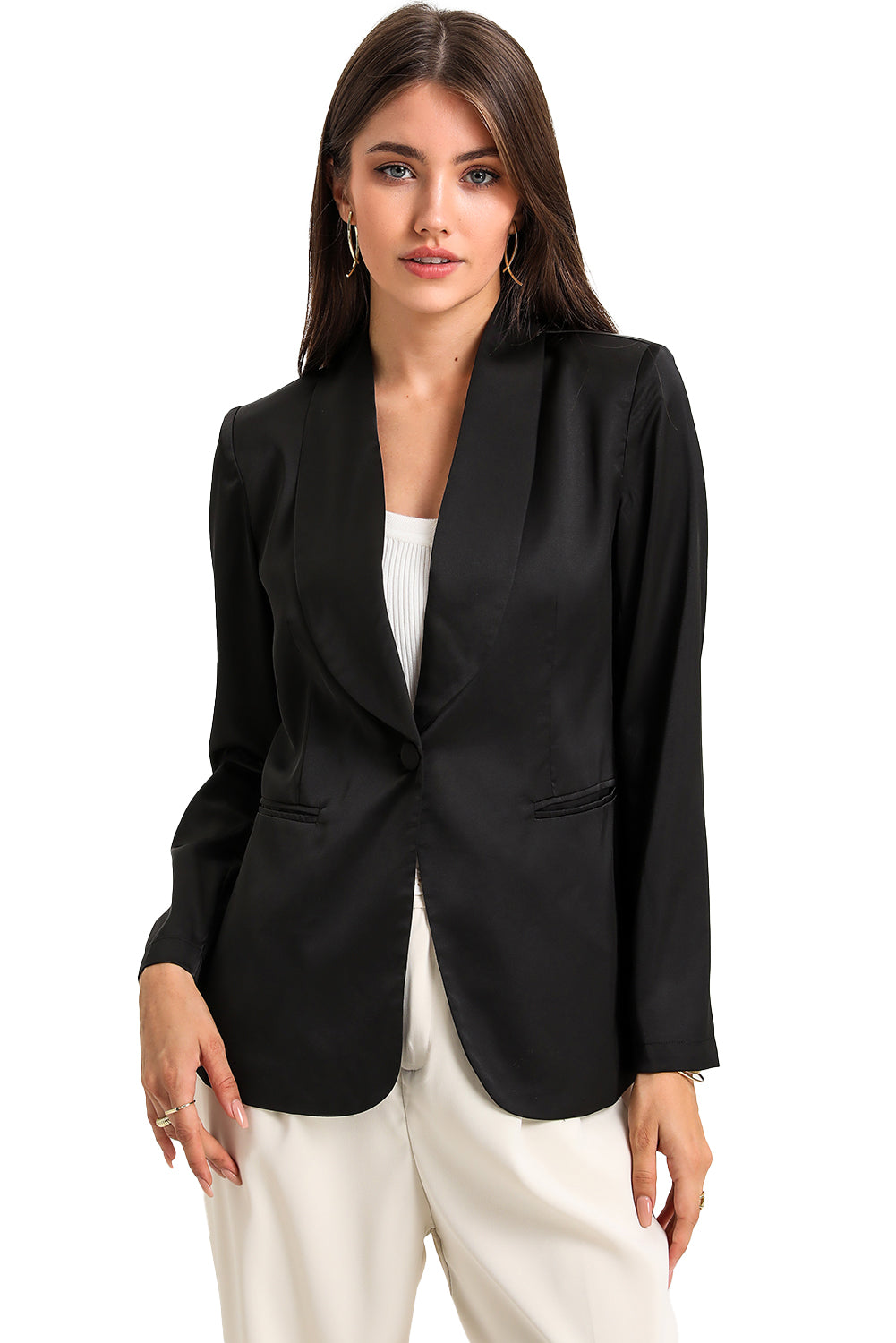 Black Collared Neck Single Breasted Blazer with Pockets