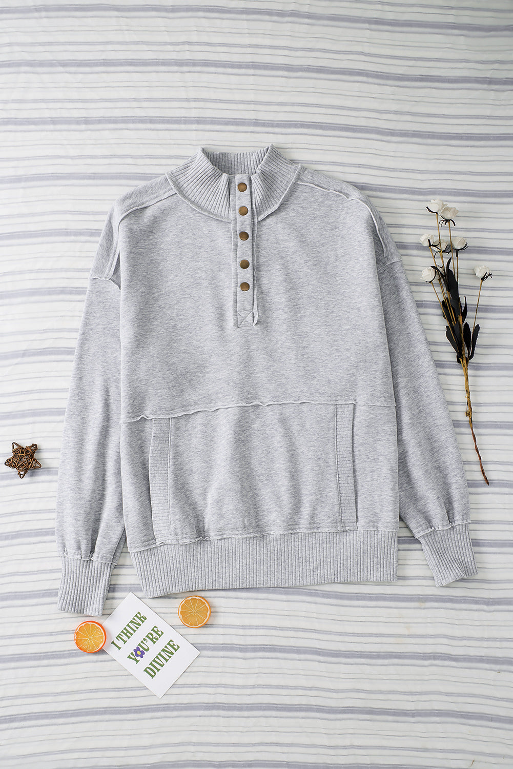 Gray Ribbed Hem Snap Button Neckline Sweatshirt with Pocket