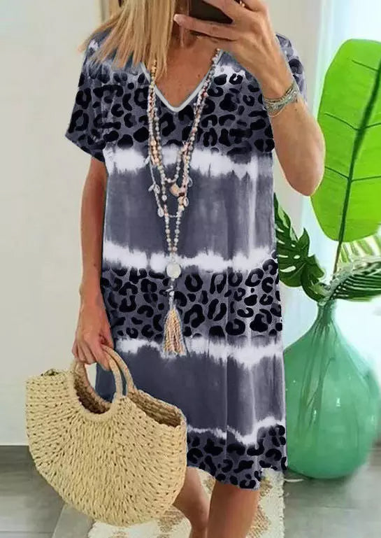 Gray Leopard Color Block V-Neck T-shirt Dress