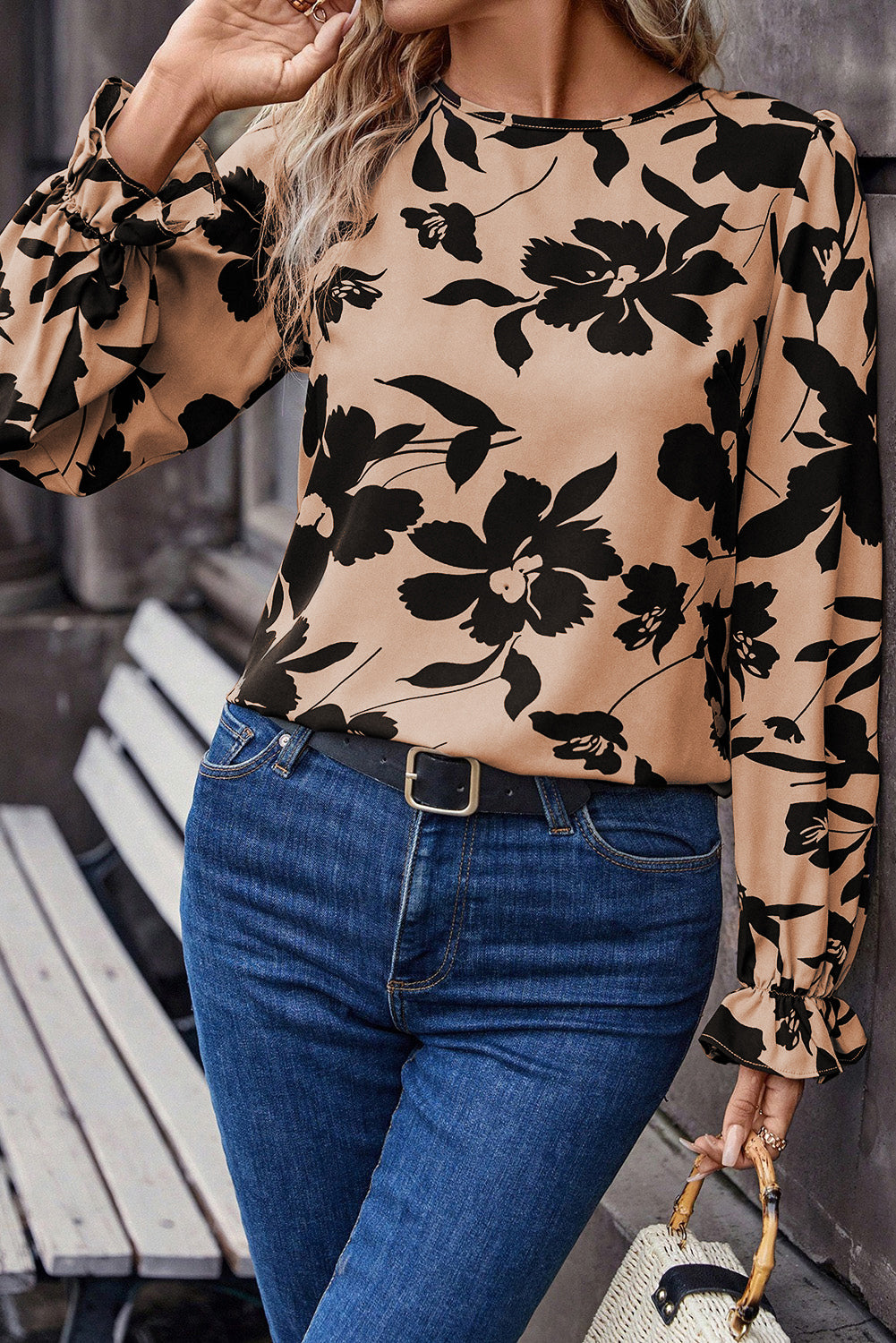 Khaki Floral Flounce Sleeve Hollowed Knot Back Blouse