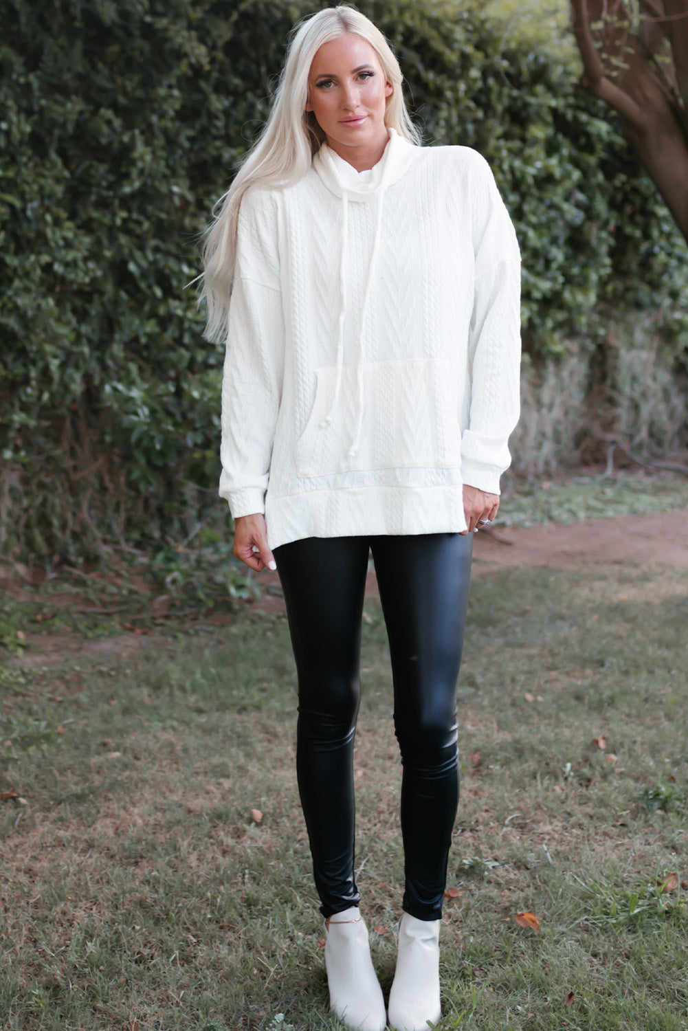 White Cowl Neck Textured Sweatshirt