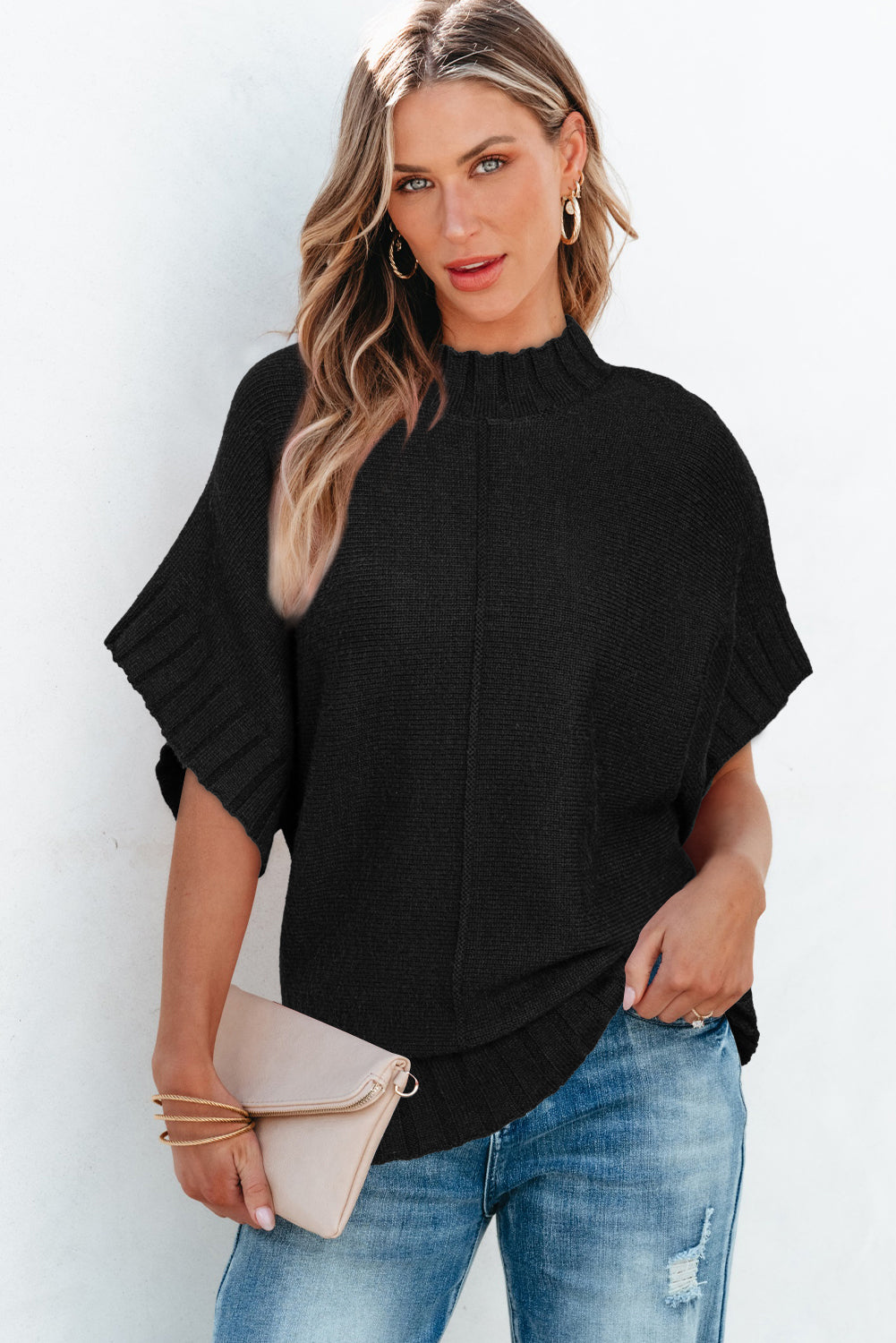 Black Mock Neck Batwing Short Sleeve Knit Sweater